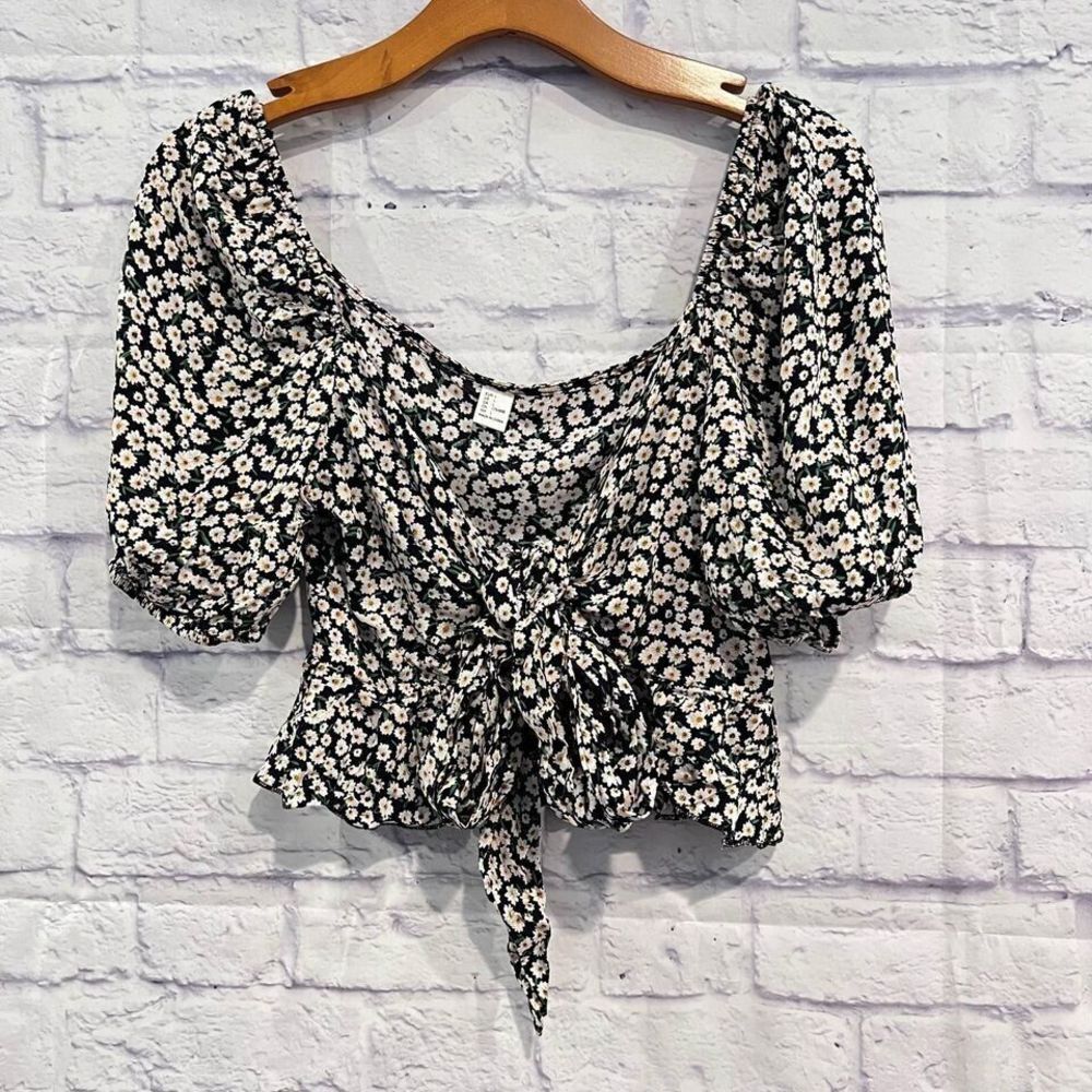 Women’s Daisy Print Floral Tie Front Crop Top Puff‎ Short Sleeve Large